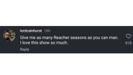 A comment on Alan Ritchson's post appreciating the Reacher series (Image Via Instagram/@alanritchson)